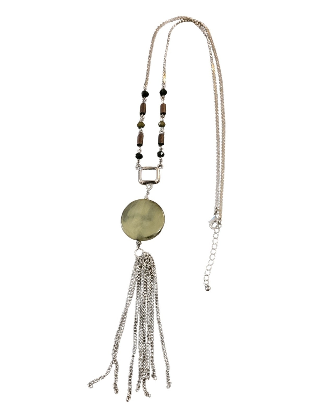 🥳5/$25!🥳 Olive Disc Tassel Necklace with Silver Chains
